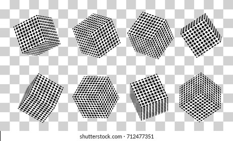 set of cubes, squares, points, black circles, 3d, white, halftone, pattern, texture.