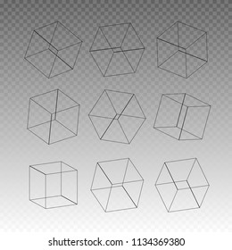 A set of cubic icons with a perspective 3d cube model with a shadow. Vector illustration. Isolated on a transparent background.