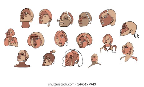 Set of cubism face woman. Abstract female avatars isolated on white background. Creative contemporary girl portrait. 