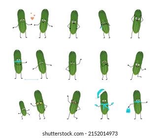 Set of cucumber character with happy or sad emotions, panic, loving or brave face, hands and legs. Person with expression, green vegetable with mask, glasses or hat. Vector flat illustration