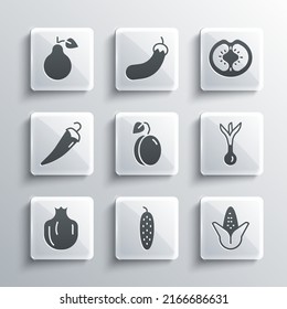 Set Cucumber, Corn, Onion, Plum fruit, Pomegranate, Hot chili pepper, Pear and Tomato icon. Vector