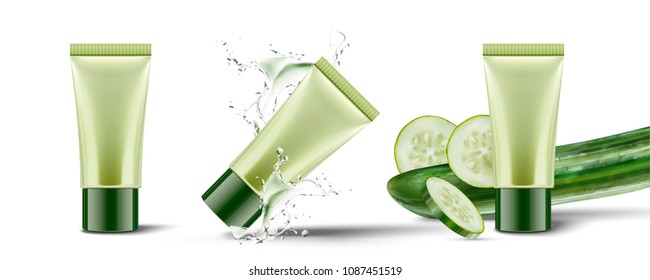 Set of cucumber cosmetic product in plastic tube with splashing liquid on white background in 3d illustration