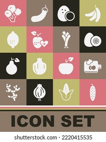 Set Cucumber, Cutting board with vegetables, Kiwi fruit, Coconut, Healthy, Lemon, Broccoli and Leek icon. Vector