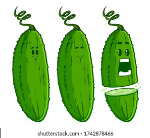 Set of cucumber, funny cartoon vector characters isolated on white background, scream, scary and smile emotions
