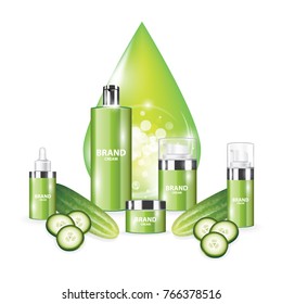 Set cucumber green packages for face and body cosmetic. lotion, serum, oil, tube, shampoo, cream bottles vector illustration