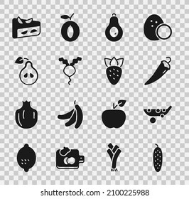 Set Cucumber, Peas, Hot chili pepper, Avocado, Radish, Pear, Homemade fruit pie and Strawberry icon. Vector