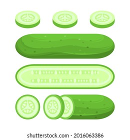 Set of cucumbers with flat rounded cartoon style isolated on white background. Various forms of sliced cucumbers, top view, and isometric 3d form