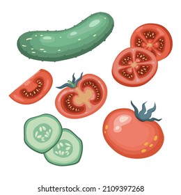 set of cucumbers and tomatoes. Whole cucumber and tomato, half, sliced. Fresh organic vegetables. Healthy, dietary, vegetarian food. Vector illustrations isolated on a white background
