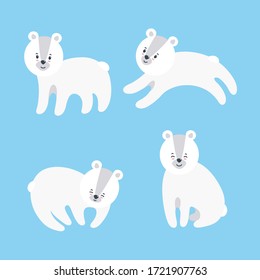 Set of cuddly polar bears for prints and patterns on textile, paper and other materials. Vector illustration in flat style on blue background