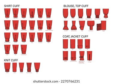 Set of cuff in sleeves clothes types - shirt, knit, coat, jacket, top, blouse technical fashion illustration. Flat apparel close-up template back sides. Women, men unisex CAD mockup