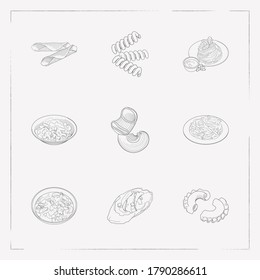 Set of cuisine icons line style symbols with appetizer, riccioli pasta shape, fettuccine and other icons for your web mobile app logo design.