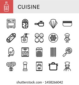 Set of cuisine icons such as Balsamic vinegar, Stove, Burrito, Cooking pot, Salad, Minced meat, Instant noodles, Burger bun, Dumpling, Cook, Oven mitt, Mix, Cheese balls , cuisine