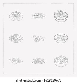 Set of culinary icons line style symbols with south african biltong, khachapuri adjaruli, thai tom yung kung and other icons for your web mobile app logo design.