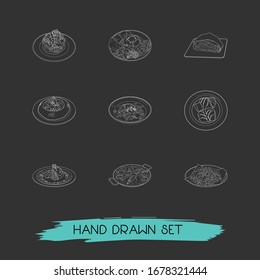 Set of culinary icons line style symbols with spanish paella, austrian apfelstrudel, nutrition and other icons for your web mobile app logo design.