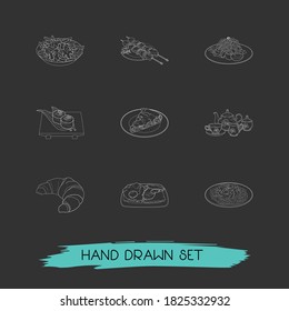 Set of culinary icons line style symbols with bulgarian shopska salad, japanese sushi, english tea set and other icons for your web mobile app logo design.