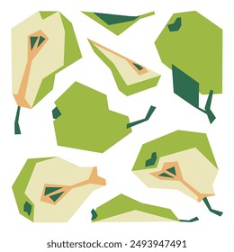 Set of culinary illustrations. Various pear cuts. Whole pear with leaf, half, sliced. Chopped outline. Simplified form.