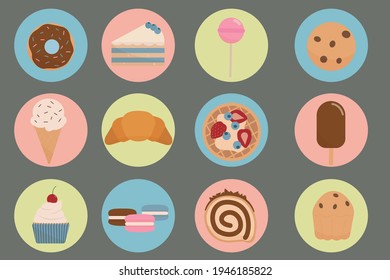 Set of culinary products on a gray background. Mouth-watering cake, cookies, ice cream, muffin, candy, cupcake, waffle, roll, croissant and macarons. Stylish vector illustration in flat style.