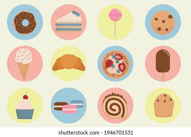 Set of culinary products on a white background. Mouth-watering cake, cookies, ice cream, muffin, candy, cupcake, waffle, roll, croissant and macarons. Stylish vector illustration in flat style.