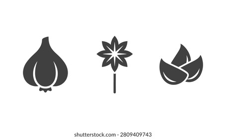 Set of culinary spice icons featuring a whole garlic bulb star anise pod on a stick and garlic cloves on white.