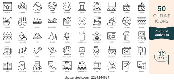 Conjunto de iconos de actividades culturales. Iconos de estilo lineal delgado Empaquetar. Ilustración vectorial