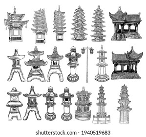 Set of Cultural and religious Chinese and Japanese pagoda palace statues and temples. Japanese street lamp Toro and Chinese style pole light. Traditional architecture buildings and lanterns. Vector.