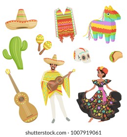 Set of cultural symbols Mexico. Sombrero, cactus, poncho, maracas, taco, pinata, guitar, skull. Hispanic man and woman in traditional costumes. Flat vector design