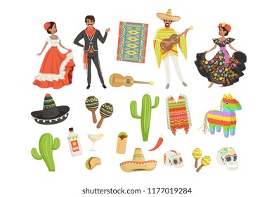 Set of cultural symbols Mexico. Sombrero, cactus, poncho, maracas, taco, pinata, guitar, skull. Hispanic man and woman in traditional costumes. Flat vector design