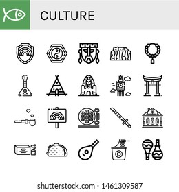 Set of culture icons such as Christianity, Pride, Yin yang, Mask, Stonehenge, Bead, Balalaika, Teepee, Great sphinx of giza, Big ben, Torii, Pipe of peace, Sushi roll , culture