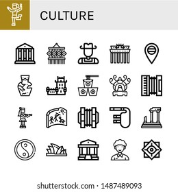 Set of culture icons such as Traditional dance, Theatre, Macrame, Cowboy, Brandenburg gate, Russia, Amphora, Belem tower, Noodles, Incense burner, Accordion, Hula, Cave painting , culture