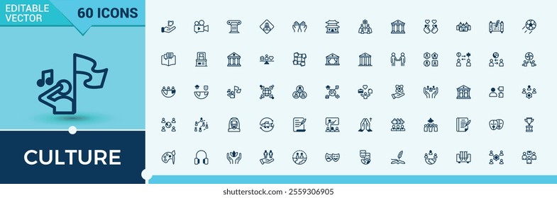 Set of Culture line icons. Containing hot, film, movie, art, museum and more. Icons for UI. Solid line editable stroke.