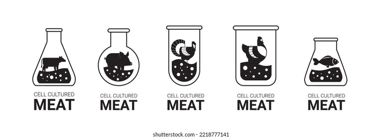 poner carne cultivada en tubos de ensayo hechos de diferentes células animales concepto de producción de carne cultivada en laboratorio artificial horizontal