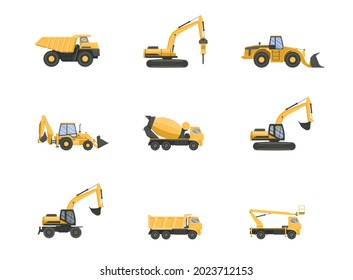 Set of cunstruction vehicles. Vector flat design trucks isolated on white transparent background.