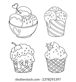 set of cup cake and ice cream illustration black outline isolated on white background