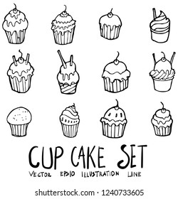 Set of cup cake icon Drawing illustration Hand drawn doodle Sketch line vector