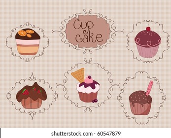 Set of Cup Cakes on vintage background with curly frames