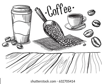 set of cup and coffee beans and branch in graphic style hand-drawn vector illustration.