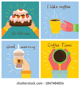 Set of Cup of coffee and the coffee cake illustrations. Vector modern illustration in flat design.