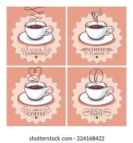 Set of cup of coffee hand drawn style vector illustrations with different titles