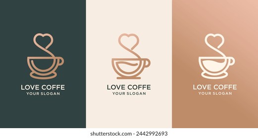 Set of Cup of coffee with heart shaped smoke, print for clothes, t-shirt, emblem or logo design, vector illustration. Continuous line drawing.