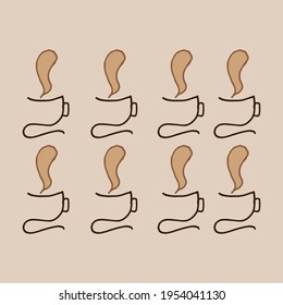 set of cup of coffee isolated on brown background. abstract shape of cup with aroma. hot coffee icon. hand drawn vector. doodle art for logo, label, poster, banner, sticker, clipart, backdrop, advert.