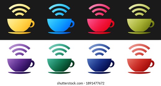 Set Cup of coffee shop with free wifi zone icon isolated on black and white background. Internet connection placard. Vector.