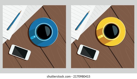 set cup of coffee and smartphone on a wooden table. Distant work. Working break. Coffee break. Banner for remote work. background for remote work advertising