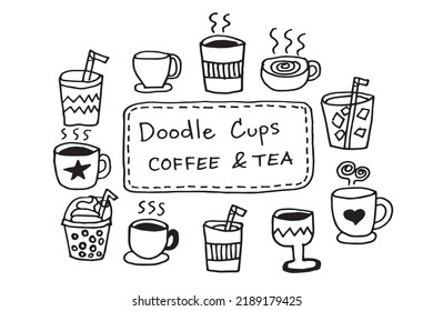 Set cup of coffee and tea , cute doodle cartoon hand drawing