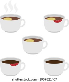Set of a cup of coffee and tea with lemon as well as drawn steam. Vector illustration
