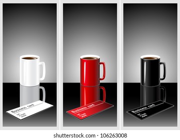 Set Cup of coffee with visit card for business in white red and black colors