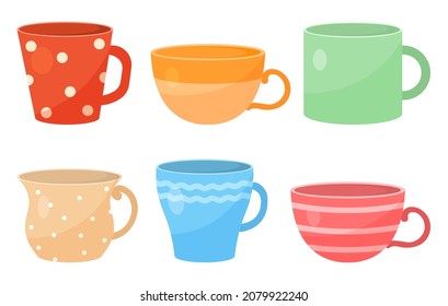 Set of cup. Collection of mugs in different colors and sizes. Bright dishes for home, hot drinks, tea, coffee, modern crockery. Cartoon flat vector illustrations isolated on white background