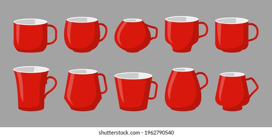 Set of cup for drinks, coffee container different type. Classic tea red mugs mockup, empty icon set. Flat cartoon style with space for labels. Template for design logo shop, menu Vector illustration