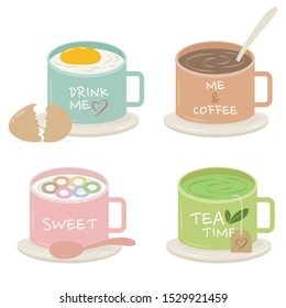 set of cup of drinks vector illustration isolated on white background. Cup of soft-boiled egg, coffee, tea and milk with cereal. Cute hot drinks in mug cups vector cartoon. 