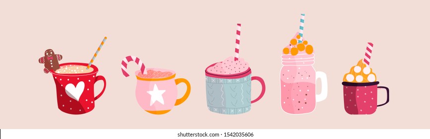 Set of cup of hot chocolate. Trendy vector illustration. Eps 10.