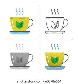 Set of cup icons in different styles: retro, flat, thin line, black and white with vintage texture. Kitchen utensil - mug with tea leaf. Vector illustration isolated on white background.
